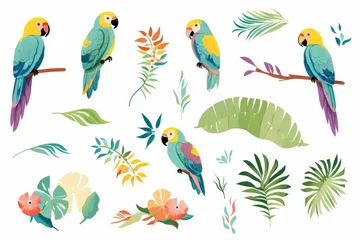 Foto op Canvas illustrations of parrots, tropical leaves, bananas. Clipart, isolated elements, Generative AI © Lens Legends