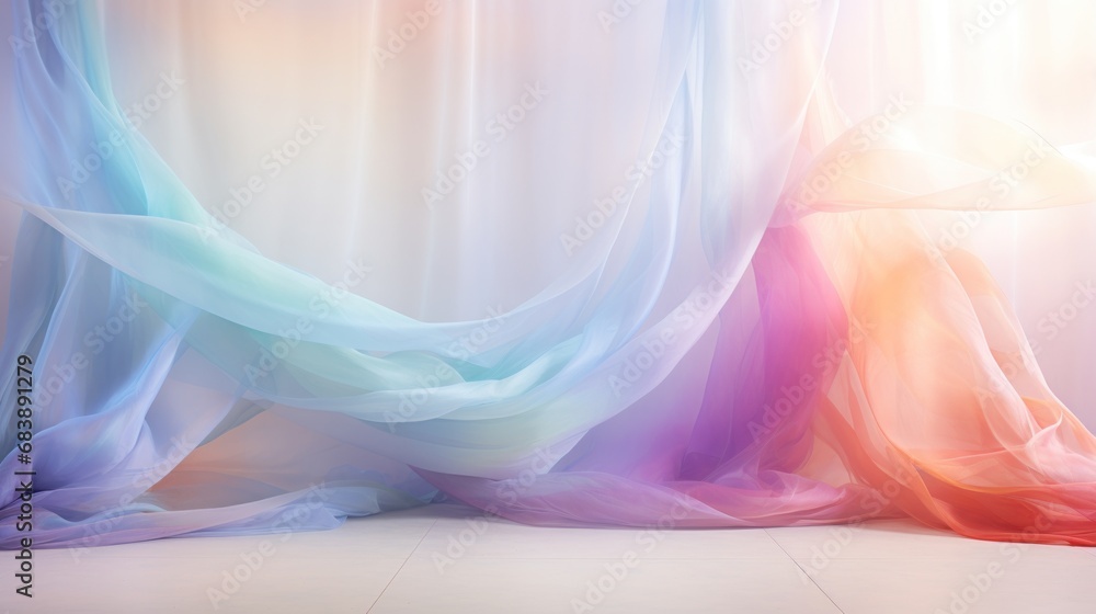 Poster a multicolored cloth draped over a floor in front of a window with sunlight coming through the drape