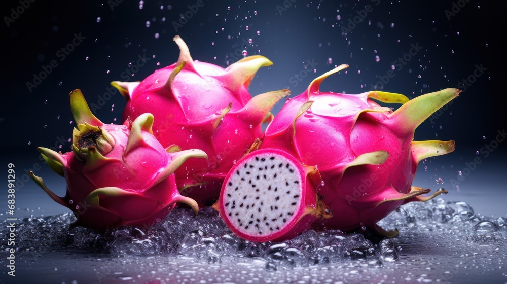 Sticker  a group of dragon fruit sitting on top of a pile of silver flakes on top of a black surface.