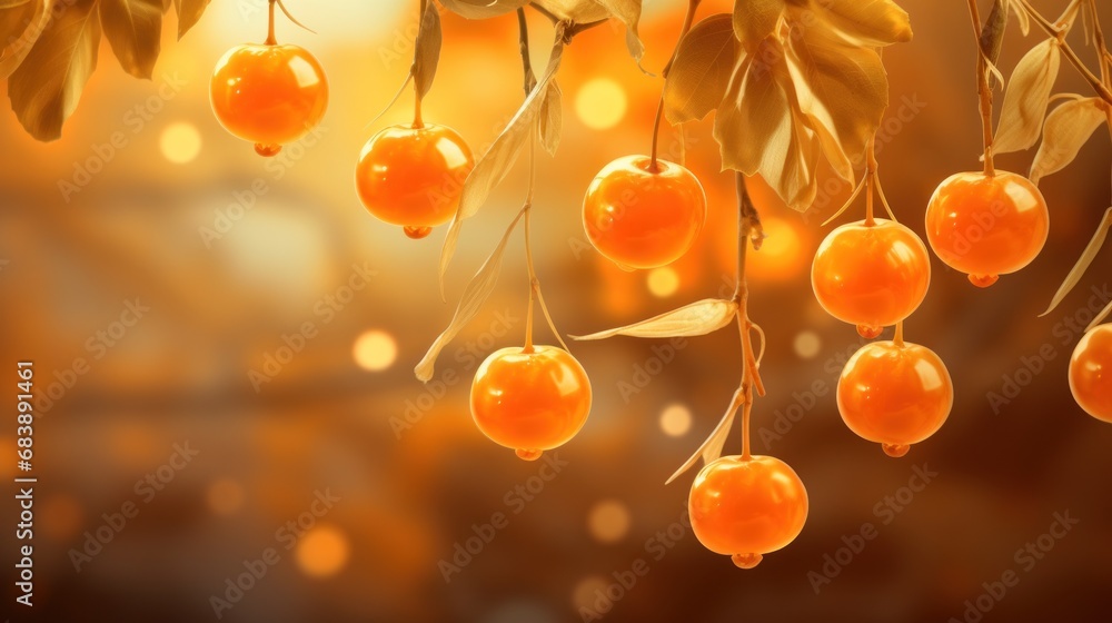 Poster a bunch of oranges hanging from a tree in front of a blurry background of leaves and a building.