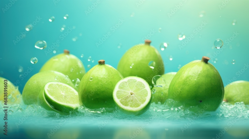 Poster  a group of limes sitting on top of a table next to a pile of bubbles and a slice of lime.