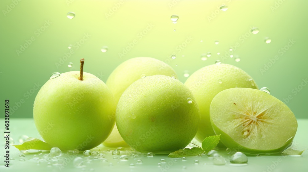 Poster a group of green apples sitting on top of a table next to a slice of apple with a bite taken out of 