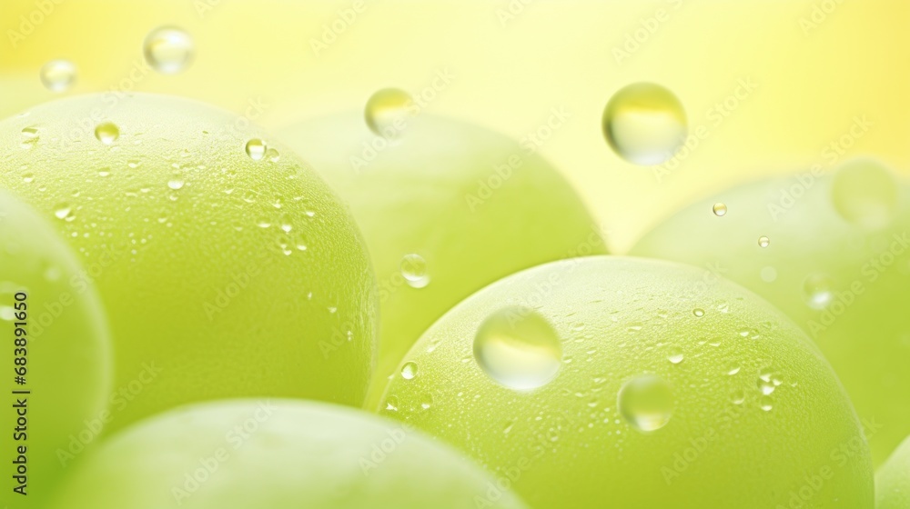Poster a close up of a bunch of green apples with drops of water on the top of the apples and on the bottom