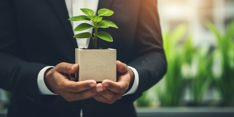 Businessman holding plant pot with cube symbolizing CSR. Ethical and eco-friendly green business with no CO2 emission policy. corporate social responsibility for greener community, Generative AI - obrazy, fototapety, plakaty