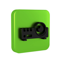 Black Presentation, movie, film, media projector icon isolated on transparent background. Green square button.