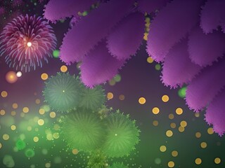 Verde with deep purple Bokeh and fireworks on New Year's Eve and in the copy space. Holiday background in abstract. generative AI