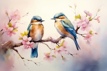 Colorful birds on stick blooming tree with flower in watercolor design artistic. Concept of painting technique isolated on white background in canvas, Generative AI