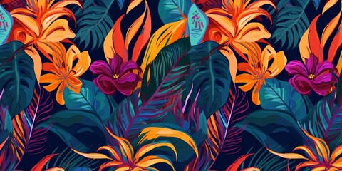Abstract art seamless pattern with tropical leaves and flowers. Modern exotic design, Generative AI - obrazy, fototapety, plakaty