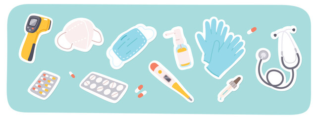 Stethoscope, pills medical hospital equipment set. Medicine drugs, thermometers, gloves, corona virus protection face masks. Health care, medication, coronavirus treatment flat vector illustration