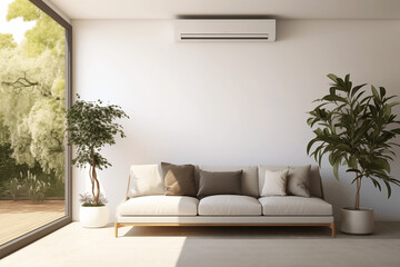 green energy heat pump AC sustainable modern living room with sofa	