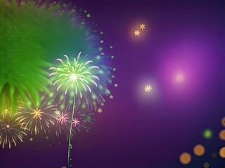 Verde with deep purple Bokeh and fireworks on New Year's Eve and in the copy space. Holiday background in abstract. generative AI