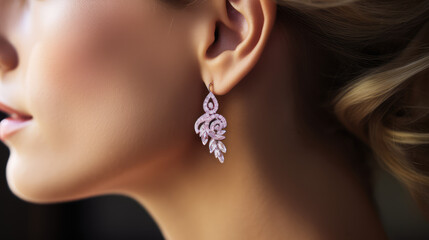 Close-up of female ear with a jeweled earring. Side view. Banner for jewelry store, earrings with stone as a gift for a woman.