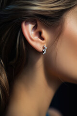 Close-up of female silver ear with a jeweled earring. Side view. Banner for jewelry store, earrings as a gift for a woman.