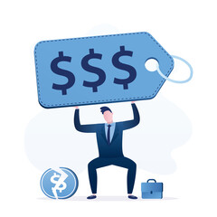 Unhappy male character trying to lift heavy tag price tag. High prices for goods and services. Poor person cannot pay or buy anything. Bankruptcy