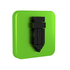 Black Pencil with eraser icon isolated on transparent background. Drawing and educational tools. School office symbol. Green square button.