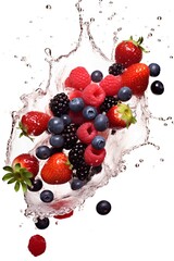 handful of mixed berries descending into the water, producing a colorful explosion of splashes, on a minimalist white background. generative AI