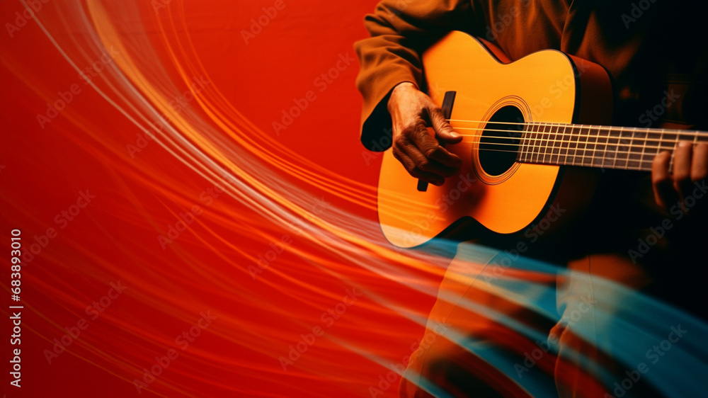 Poster An abstract portrayal of a person playing a guitar, with swirling lines representing the harmonious sounds resonating from the strings.