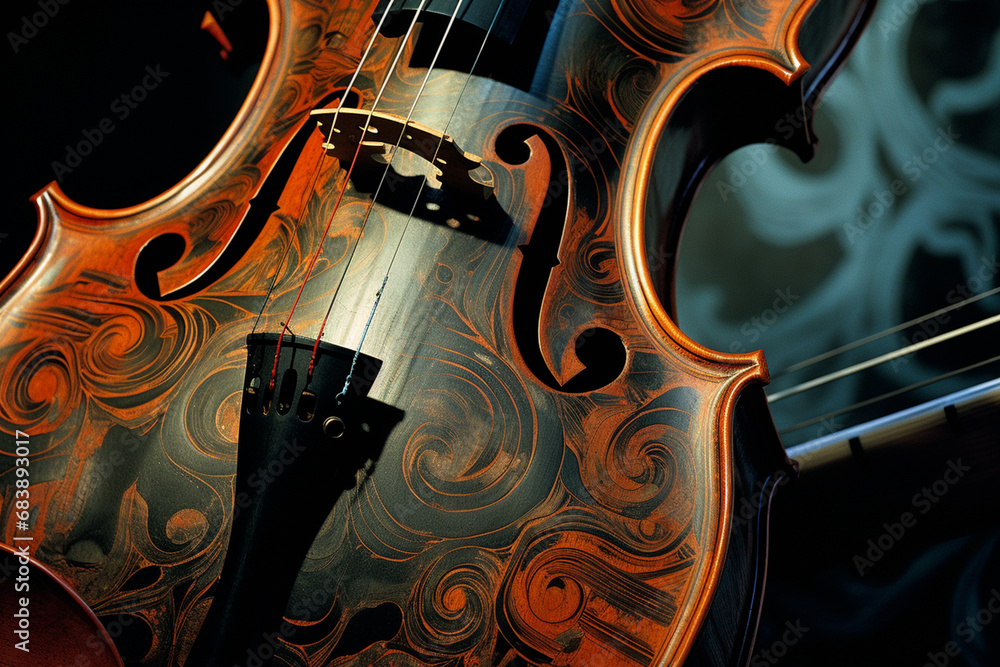 Poster An abstract composition featuring the intricate curves and lines of a violin, capturing the essence of musical harmony in its elegant form.