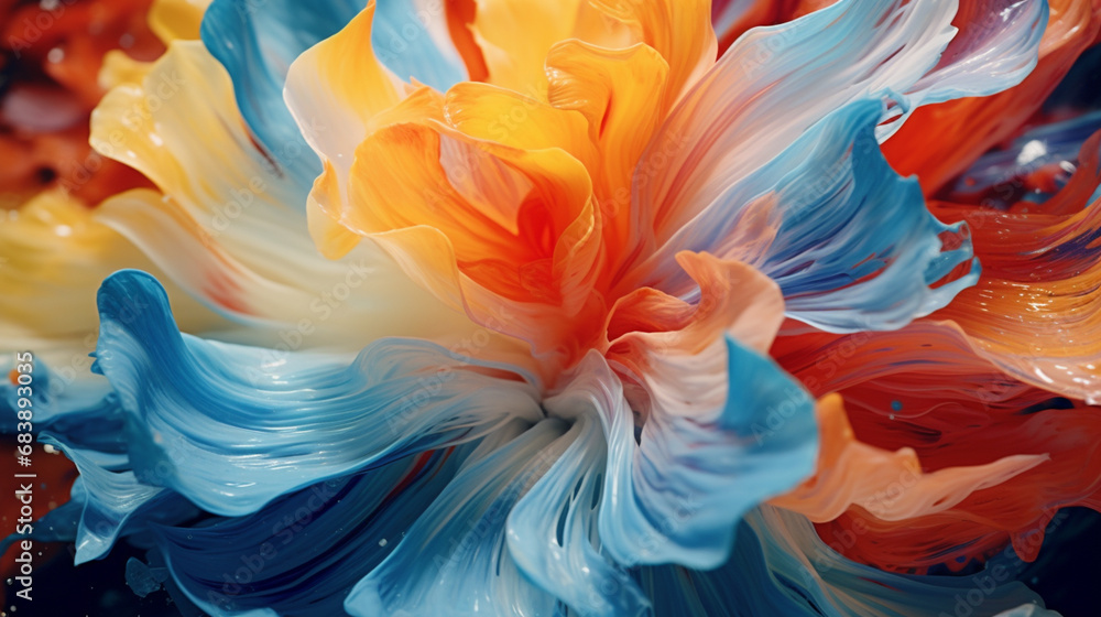 Poster Close-up abstract image capturing the play of vibrant petals, forming a kaleidoscope of color and movement.