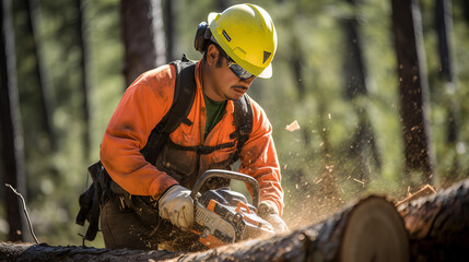Forestry Worker Cutting Tree with Chainsaw