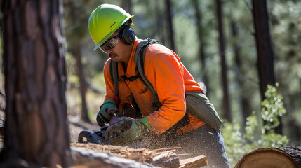 Forestry Worker Cutting Tree with Chainsaw