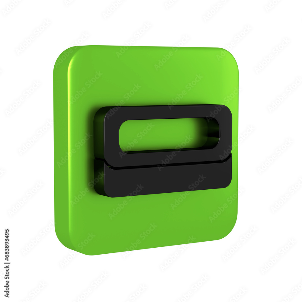 Poster black bar of soap icon isolated on transparent background. soap bar with bubbles. green square butto