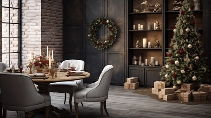 interior of modern dining room with a christmas tree and a wreath, use of fabric,rustic textures