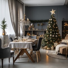 Fototapeta na wymiar interior of modern dining room with a christmas tree and a wreath, use of fabric,rustic textures