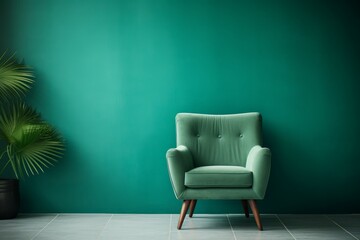 Aesthetic Green armchair blue wall decor. Office navy. Generate Ai