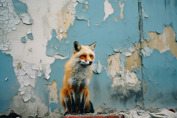 Abstract portrayal of a fox against an urban fresco backdrop, blending the cunning nature of the animal with artistic architectural elements.