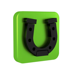 Black Horseshoe icon isolated on transparent background. Green square button.