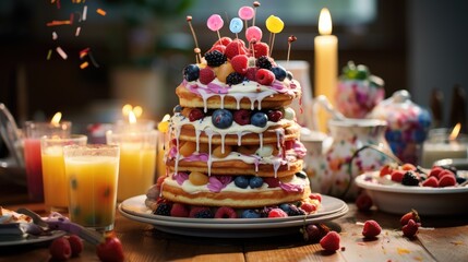 Naklejka premium Cheerful Birthday Morning with Colorful Pancakes and Party Hats