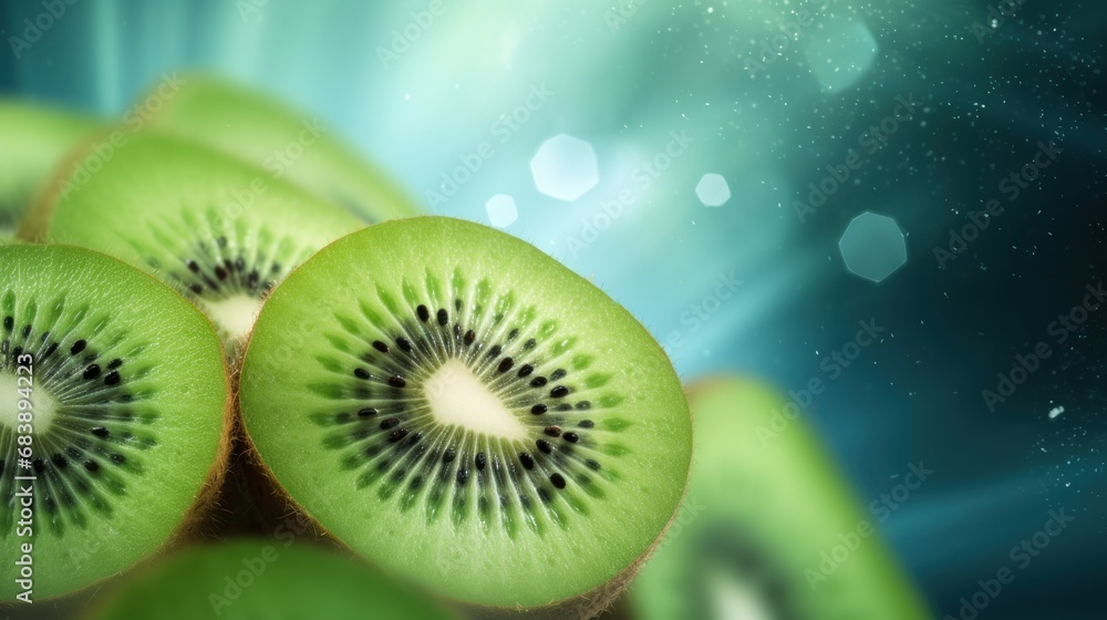 Poster a group of kiwi slices sitting on top of a pile of other kiwi slices on top of each other.