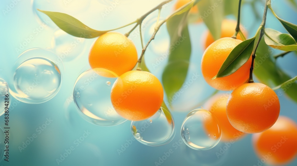Poster a bunch of oranges hanging from a tree with bubbles hanging from it's branches on a sunny day.