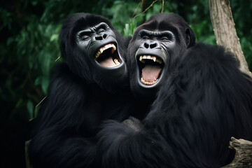 A humorous scene of gorillas sharing a hearty laugh, conveying a sense of camaraderie and amusement for engaging visuals. 