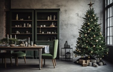 Obraz premium the christmas decor of a room with green christmas tree and wooden furniture,