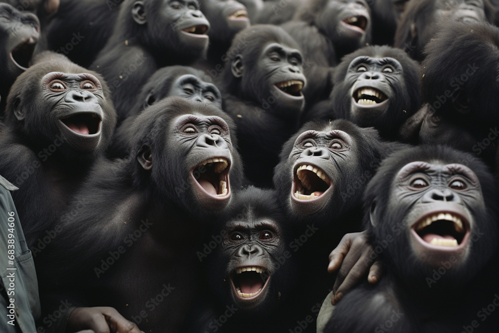Poster A gathering of gorillas with gleeful expressions, ready to bring a sense of joy and humor to a variety of visual concepts.