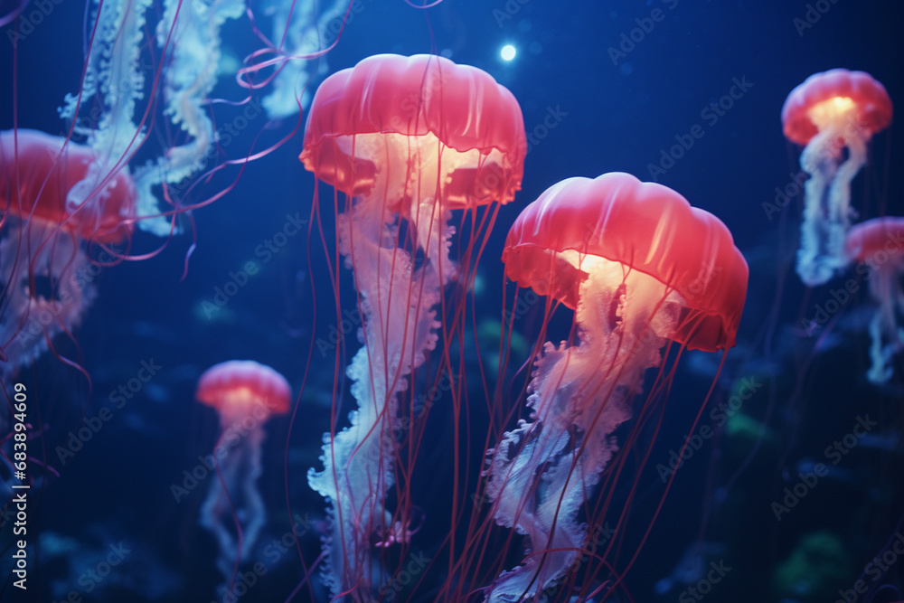Poster A playful jamboree of jellyfish, offering a visually captivating and amusing element for creative and promotional content.
