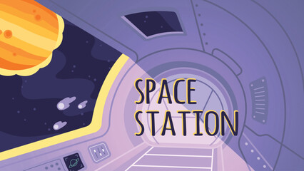 Space station or spaceship interior with planet in window. Future spacecraft cabin in outer space. Futuristic ship interior, universe, science technology concept background flat vector illustration
