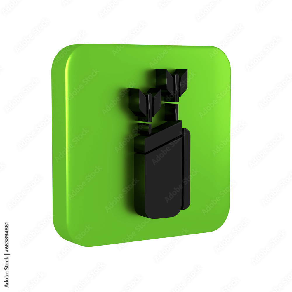 Poster black quiver with arrows icon isolated on transparent background. green square button.