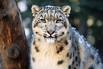 A sleek snow leopard captured in a captivating stare, perfect for adding a sense of mystery and allure to visual concepts.