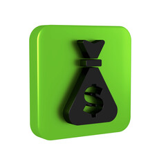 Black Money bag icon isolated on transparent background. Dollar or USD symbol. Cash Banking currency sign. Green square button.