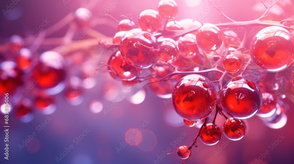 Aufkleber a close up of a bunch of red berries on a tree branch with water droplets on the berries and a blurr