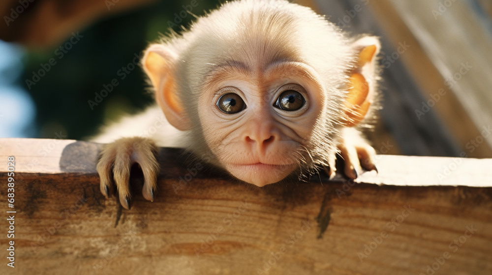 Poster A cute capuchin monkey caught in a moment of curiosity, offering an endearing and charming image for diverse visual applications.
