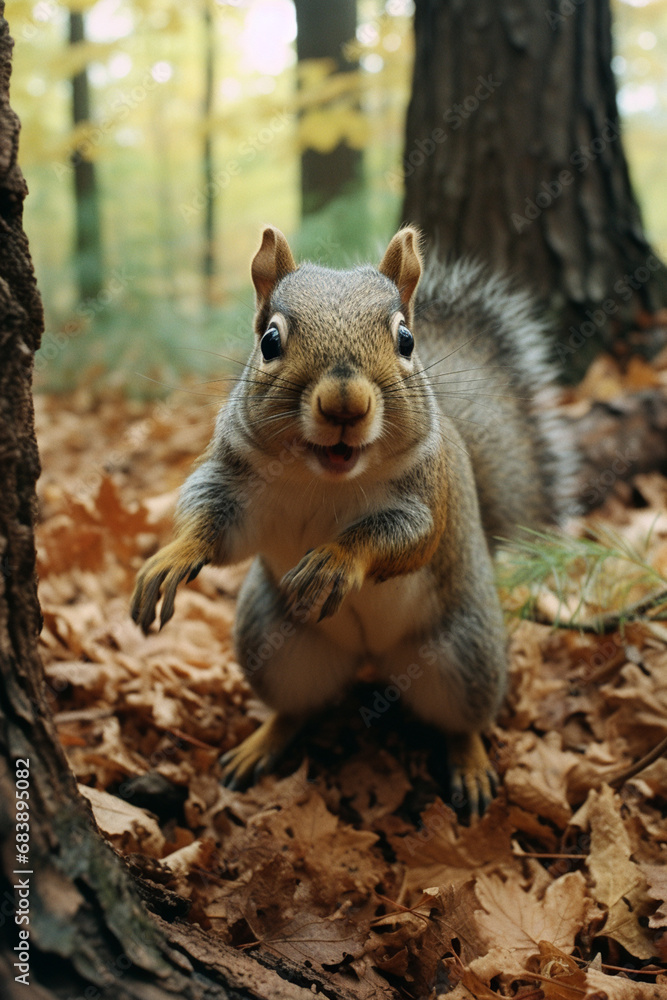 Poster a spirited scene of a squirrel engaged in a scamper, adding a dynamic and animated touch to visual s