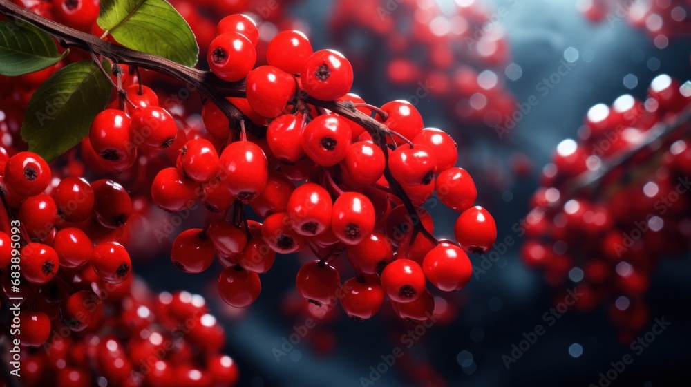 Poster a close up of a bunch of red berries on a branch with water droplets on the surface of the image.