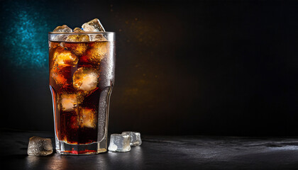 cola with ice cubes in tall glass on dark background