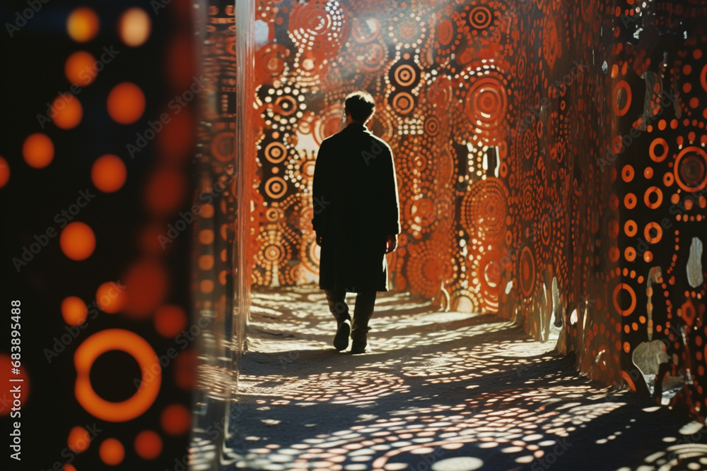 Poster a mingle of metaphysical mirages, using intricate patterns and overlapping shapes to create a visual
