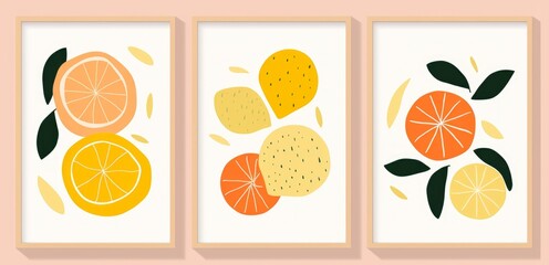 Collection of contemporary art prints. Abstract fruits. Oranges, pears and lemons, Generative AI