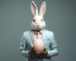 Cute Easter bunny stands like a man in modern business suit, holding a large pink egg. Unrealistic, creative, illustrated, minimal portrait of a wild animal.